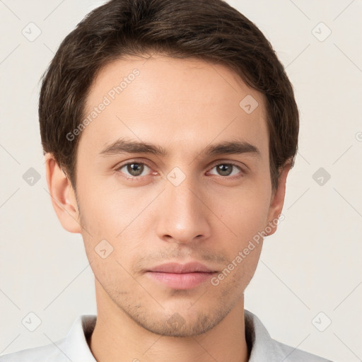 Neutral white young-adult male with short  brown hair and brown eyes