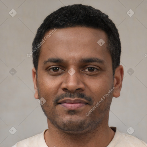 Neutral latino young-adult male with short  black hair and brown eyes