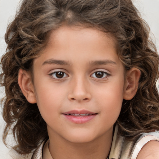 Joyful white child female with long  brown hair and brown eyes