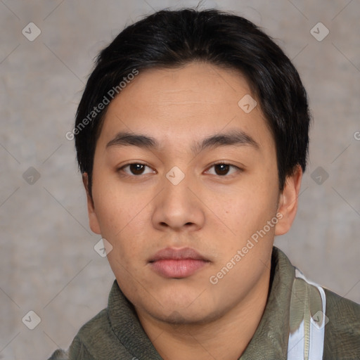 Neutral asian young-adult male with short  black hair and brown eyes