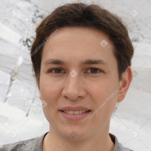 Joyful white young-adult female with short  brown hair and brown eyes