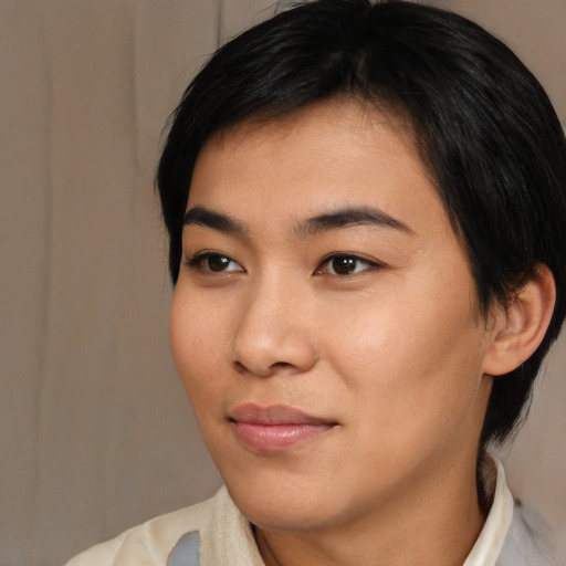 Joyful asian young-adult female with medium  brown hair and brown eyes