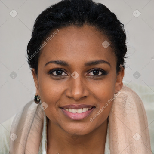 Joyful latino young-adult female with long  brown hair and brown eyes