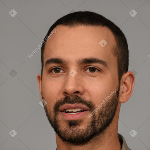 Neutral white young-adult male with short  black hair and brown eyes