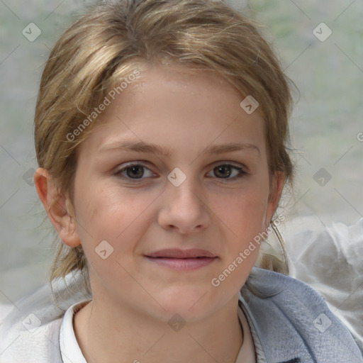 Joyful white child female with medium  brown hair and brown eyes