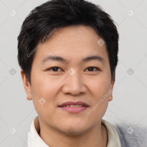 Joyful asian young-adult male with short  brown hair and brown eyes