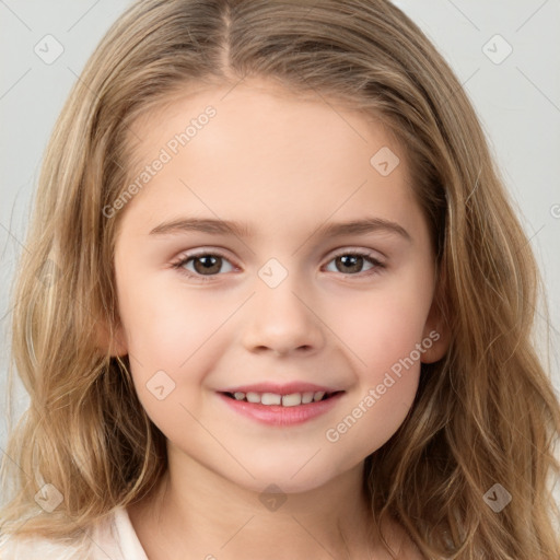 Joyful white child female with medium  brown hair and brown eyes