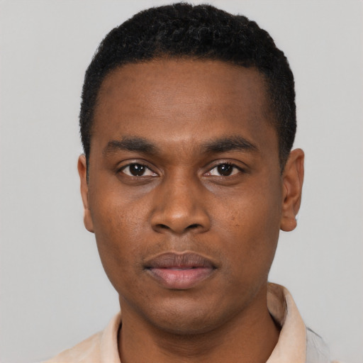 Neutral black young-adult male with short  black hair and brown eyes