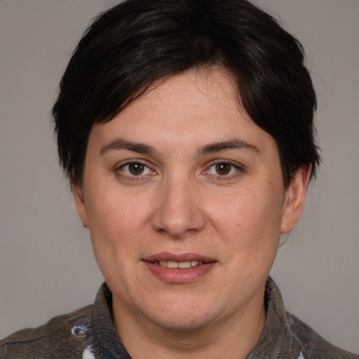 Joyful white adult female with medium  brown hair and brown eyes