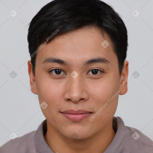 Neutral asian young-adult male with short  brown hair and brown eyes