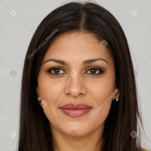 Joyful latino young-adult female with long  brown hair and brown eyes