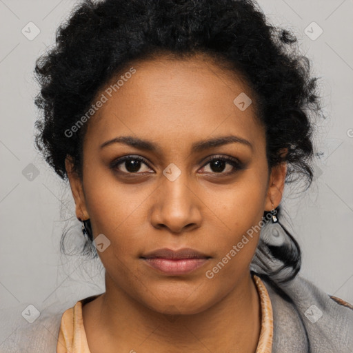 Neutral black young-adult female with short  black hair and brown eyes