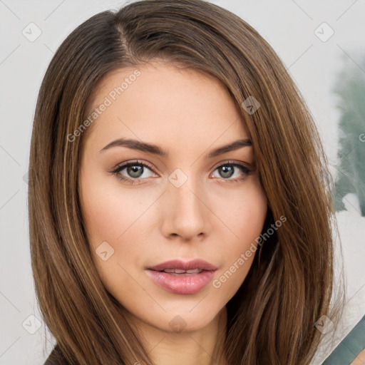 Neutral white young-adult female with long  brown hair and brown eyes