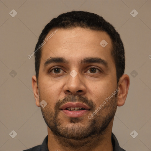 Neutral white young-adult male with short  black hair and brown eyes