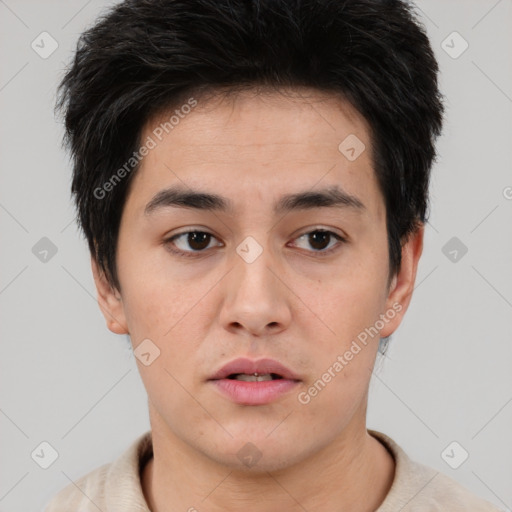 Neutral asian young-adult male with short  brown hair and brown eyes