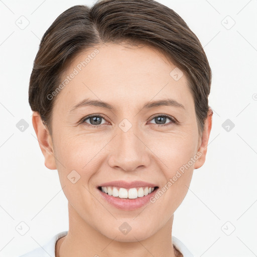 Joyful white young-adult female with short  brown hair and brown eyes