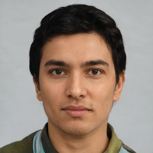 Neutral white young-adult male with short  black hair and brown eyes