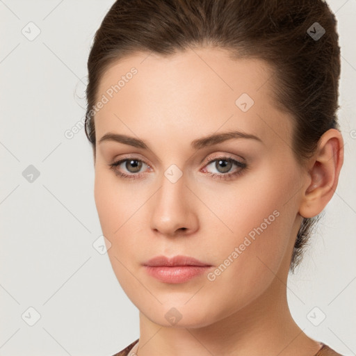 Neutral white young-adult female with medium  brown hair and brown eyes