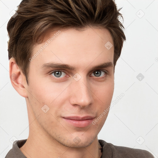 Neutral white young-adult male with short  brown hair and grey eyes