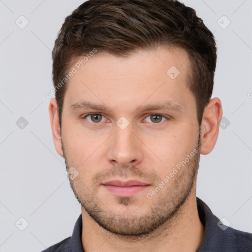 Neutral white young-adult male with short  brown hair and grey eyes