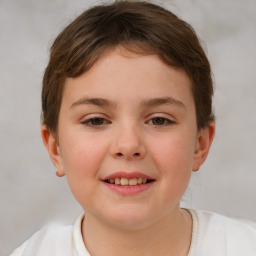 Joyful white child female with short  brown hair and brown eyes