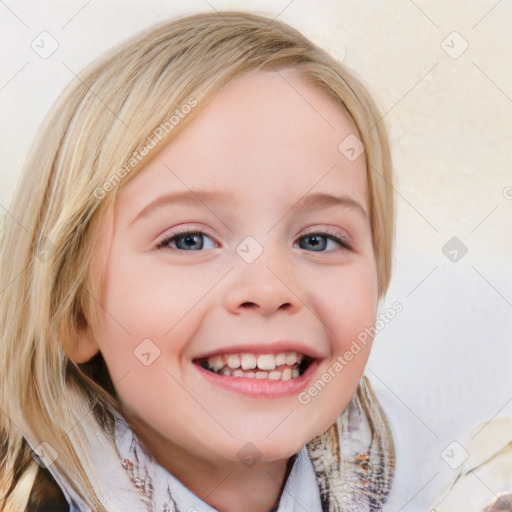 Joyful white child female with medium  brown hair and blue eyes