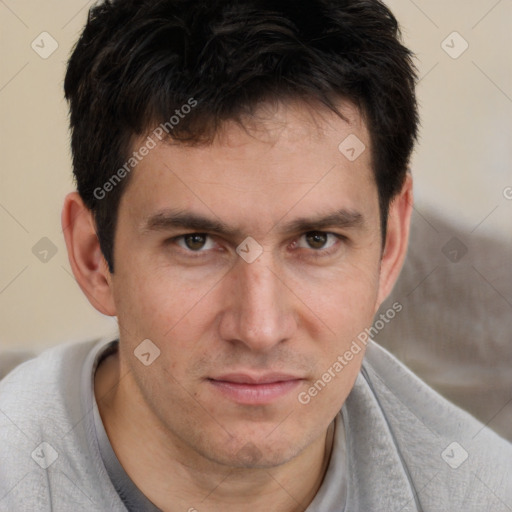 Neutral white adult male with short  brown hair and brown eyes