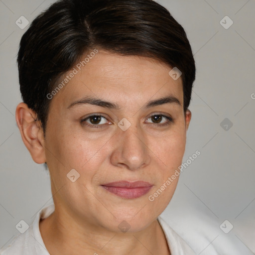 Joyful white young-adult female with short  brown hair and brown eyes