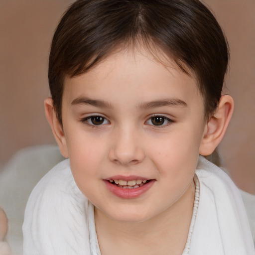 Joyful white child female with medium  brown hair and brown eyes