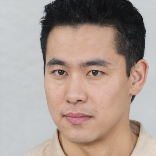 Neutral asian young-adult male with short  black hair and brown eyes