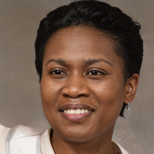 Joyful black adult female with short  black hair and brown eyes
