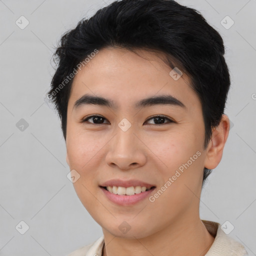 Joyful asian young-adult female with short  brown hair and brown eyes