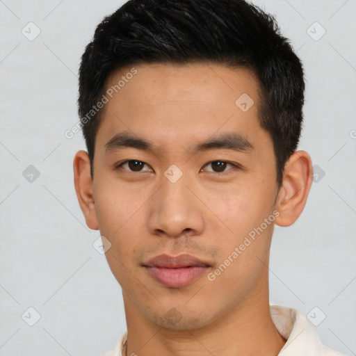 Neutral asian young-adult male with short  brown hair and brown eyes