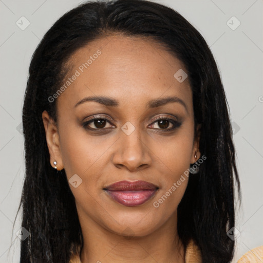 Joyful latino young-adult female with long  brown hair and brown eyes