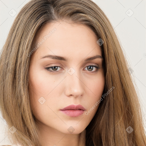 Neutral white young-adult female with long  brown hair and brown eyes