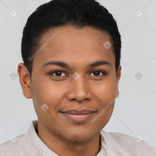 Joyful latino young-adult male with short  brown hair and brown eyes