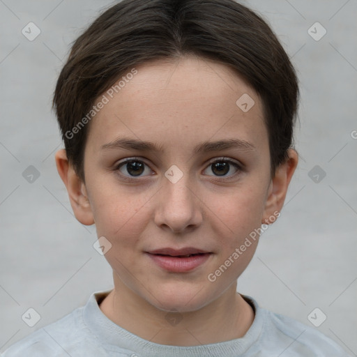 Joyful white child female with short  brown hair and brown eyes