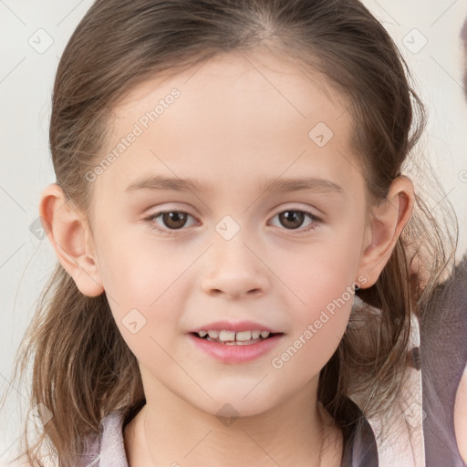 Joyful white child female with medium  brown hair and brown eyes