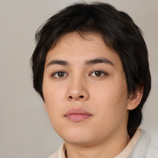 Neutral asian young-adult female with medium  brown hair and brown eyes