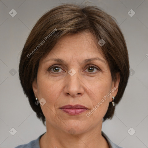 Joyful white adult female with medium  brown hair and grey eyes