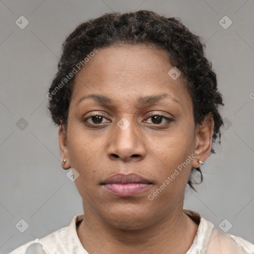 Neutral black adult female with short  brown hair and brown eyes