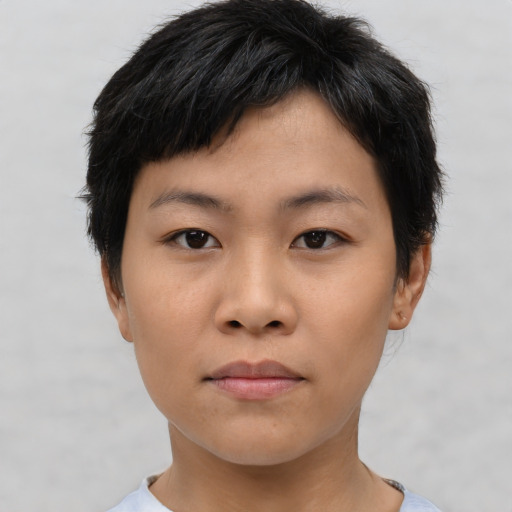 Neutral asian young-adult female with short  brown hair and brown eyes