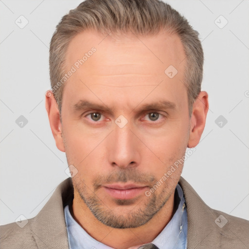 Neutral white adult male with short  brown hair and brown eyes