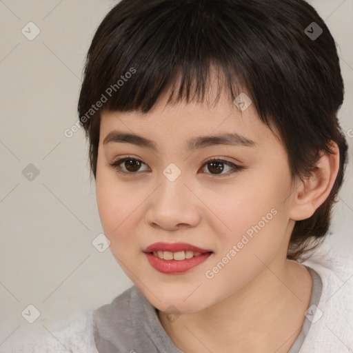Joyful white child female with medium  brown hair and brown eyes