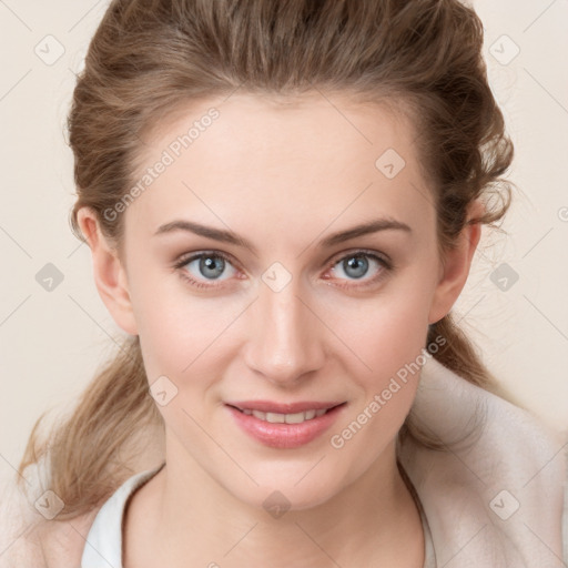 Joyful white young-adult female with medium  brown hair and blue eyes