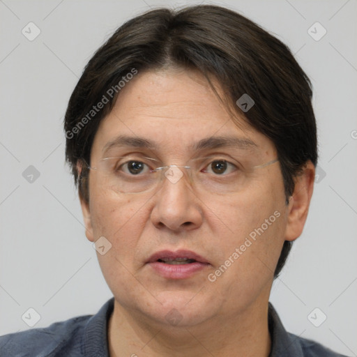 Neutral white adult female with short  brown hair and brown eyes