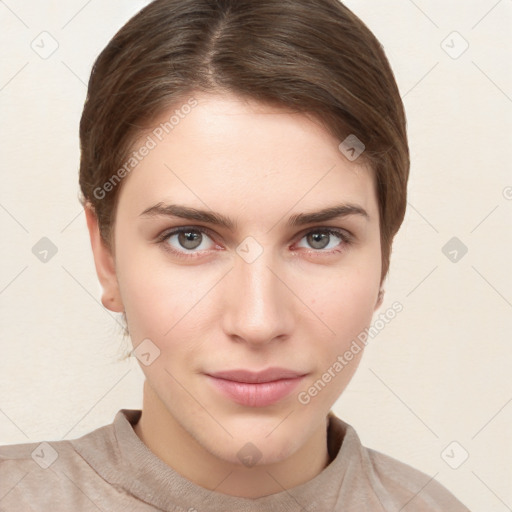 Neutral white young-adult female with short  brown hair and brown eyes