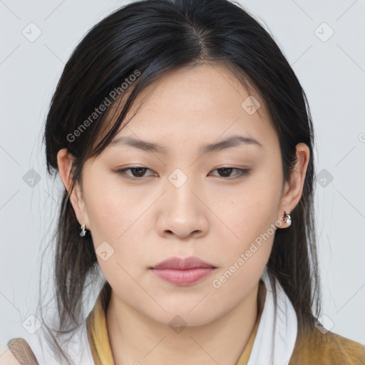 Neutral asian young-adult female with medium  brown hair and brown eyes