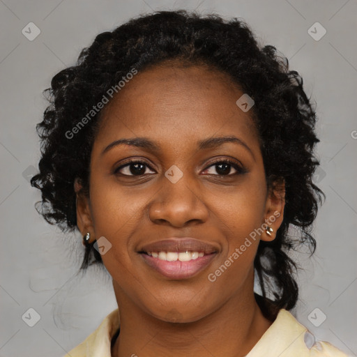 Joyful black young-adult female with medium  black hair and brown eyes