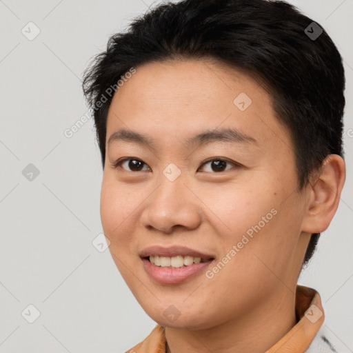 Joyful white young-adult female with short  brown hair and brown eyes